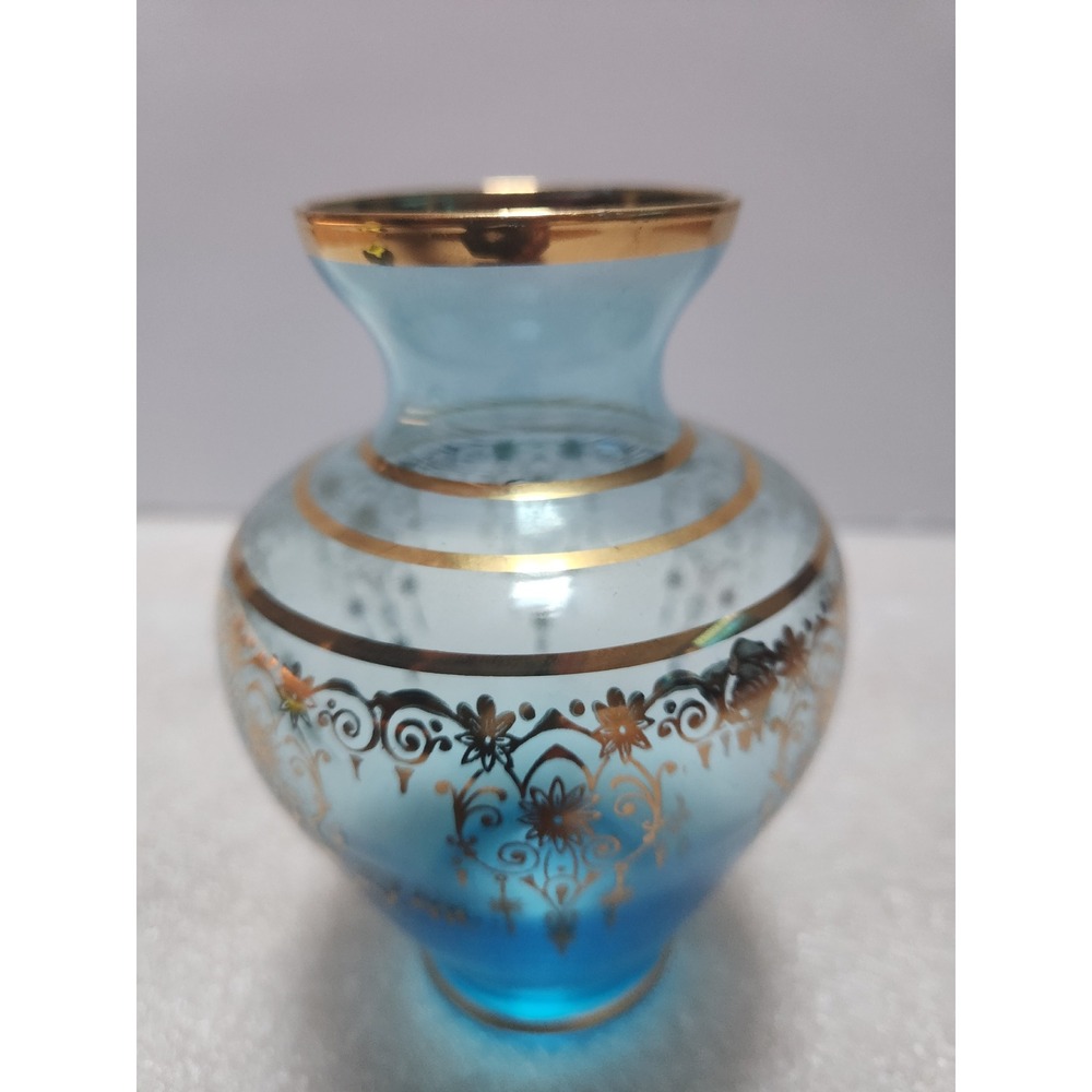 Vintage Light Blue Art Glass Vase 24k Gold Gilt Floral Venetian Murano Style